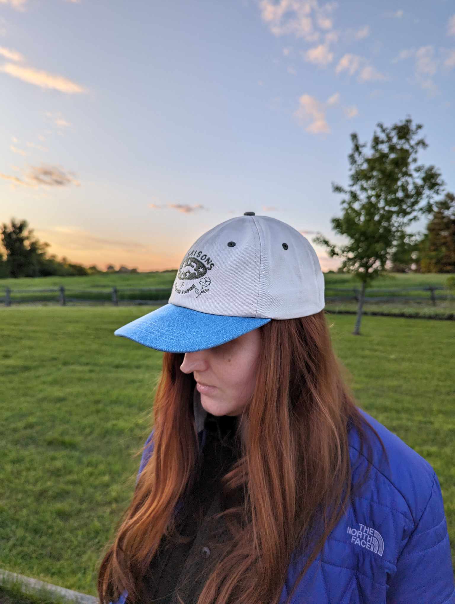 beige and blue cap, unique design, nature, everyday, cotton, adjustable, light, comfortable, artist series, made in Canada, Charles Turcotte