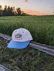 beige and blue cap, unique design, nature, everyday, cotton, adjustable, light, comfortable, artist series, made in Canada, Charles Turcotte