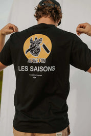 Alpine Fun T-Shirt, Sömon, Upcycled, Made in Quebec, black shirt with unique art design, Unisex fit for comfortable wear, Mix of polyester and cotton, hiking, biking, running, Les Saisons