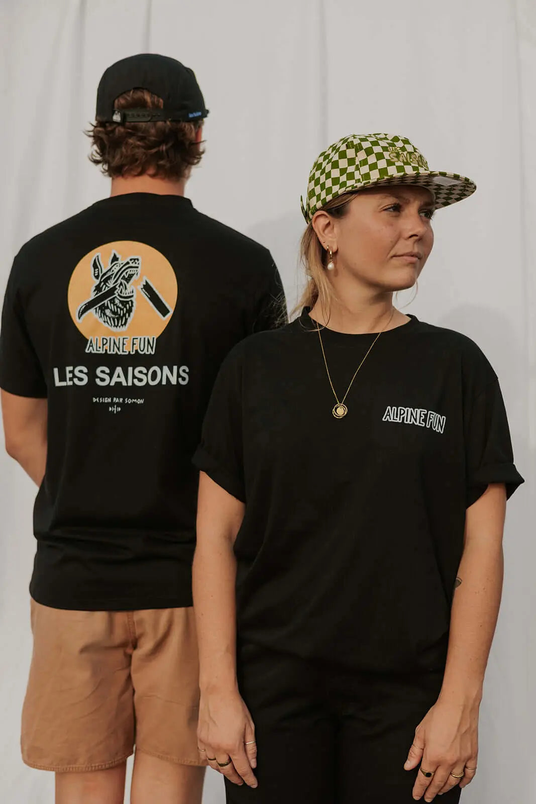 Alpine Fun T-Shirt, Sömon, Upcycled, Made in Quebec, black shirt with unique art design, Unisex fit for comfortable wear, Mix of polyester and cotton, hiking, biking, running, Les Saisons