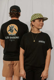 Alpine Fun T-Shirt, Sömon, Upcycled, Made in Quebec, black shirt with unique art design, Unisex fit for comfortable wear, Mix of polyester and cotton, hiking, biking, running, Les Saisons