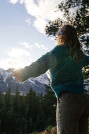 Blue merino wool sweater, made in Nepal, ethically made, designed in quebec