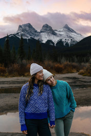 Blue  and purple merino wool sweater, made in Nepal, ethically made, designed in quebec