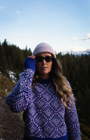 Purple merino wool sweater, made in Nepal, ethically made, designed in quebec