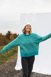 Blue merino wool sweater, made in Nepal, ethically made, designed in quebec