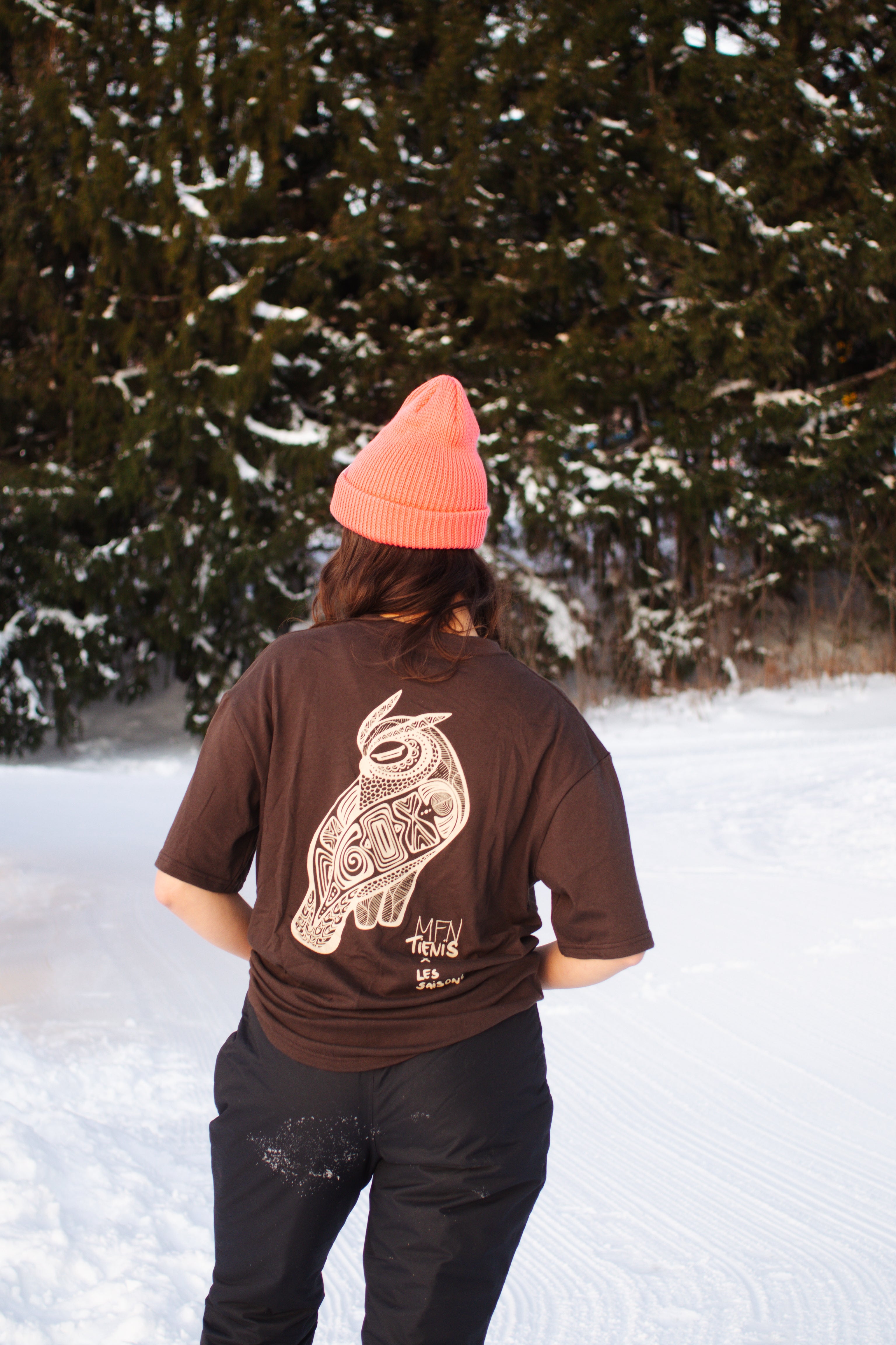 oversized, unisex, chocolate brown, t-shirt, artist collaboration, Marie-France Nicaolas Tienis, made in Canada, exclusive design, coton and polyester