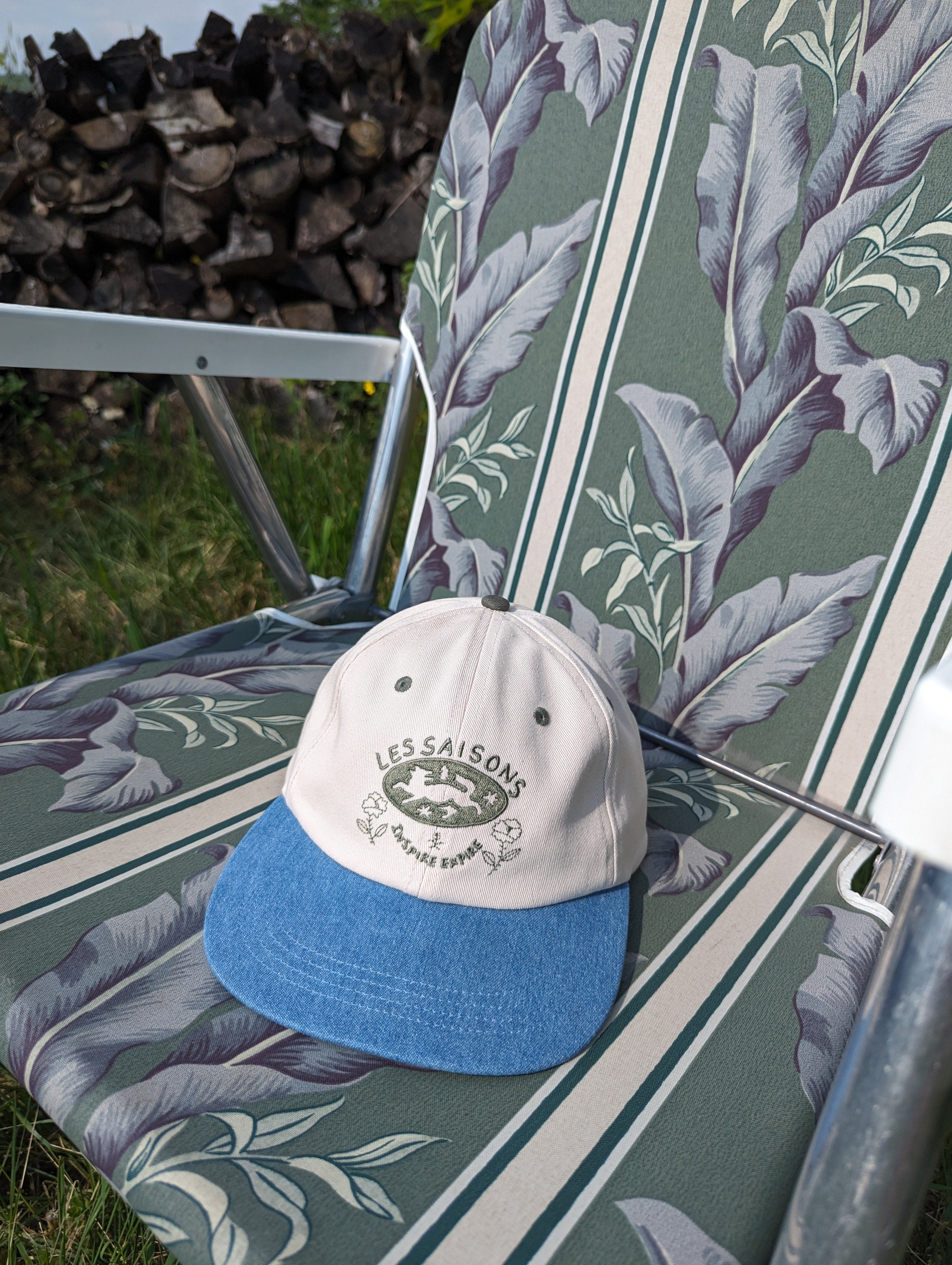 beige and blue cap, unique design, nature, everyday, cotton, adjustable, light, comfortable, artist series, made in Canada, Charles Turcotte