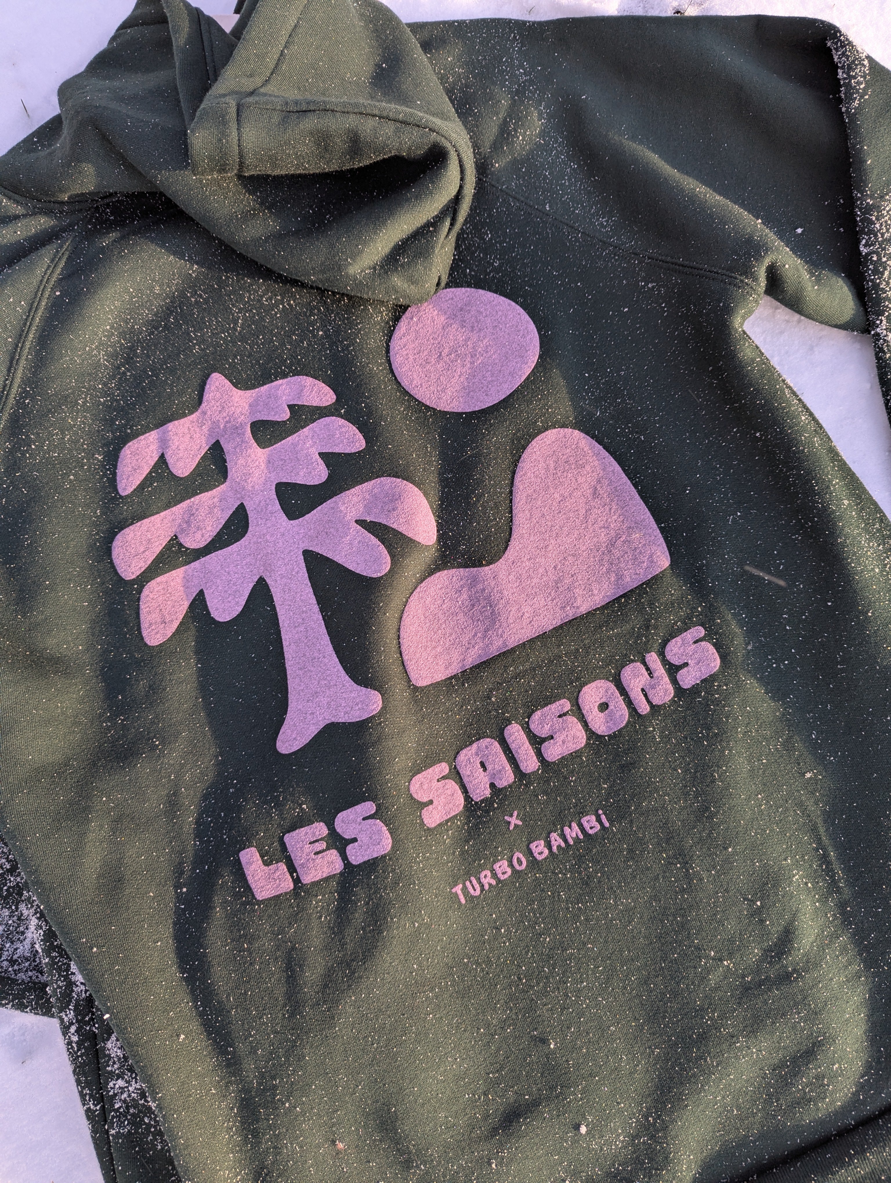 forest green hoodie, artist collaboration, polyester, coton, purple design, Turbo Bambi, outdoors, made in canada