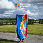 Towel, Antibacterial microfiber, Soft, silky, Compact, lightweight, Vibrant colours and patterns, mountains, made in Québec, 80 x 160 cm, outdoors, hiking, camping, yoga, beach, Les Saisons, Marine Poiraton