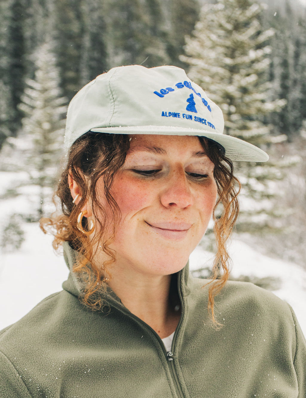 Alpine Fun cap, sage cap great for running, skiing, retro look. Outdoor in the snow, how it fits