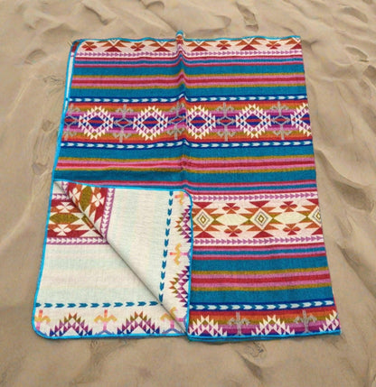 colorful light Pink and Blue throw, camping, reversible, made in Ecuador, acrylic, light, foldable, vanlife, unique design