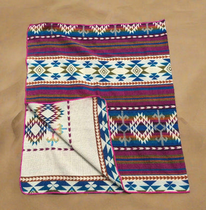 boho blanket colorful les Saisons. tones of purple, fucsia, blue, white, red, orange,, , camping blanket, warm, soft, acrylic, made in Ecuador, Large, picnic, vanlife, unique designs, reversible, light and foldable