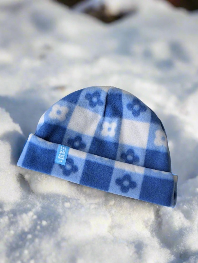 Blue ski fleece vintage original beanie made in Canada. Checkered Blue with flowers