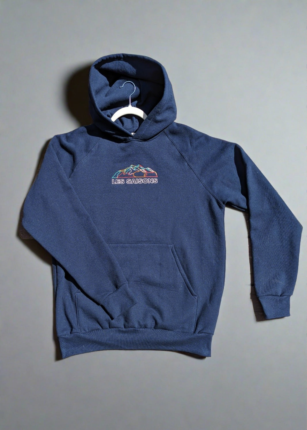 Hoodie, Navy, Mountain lines, unique design, cotton, polyester, Marine Poiraton, Made in Canada, Comfortable, stylish, soft, unisex, warm, winter, outdoors, camping, Les Saisons