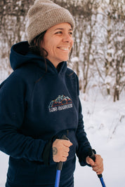 Hoodie, Navy, Mountain lines, unique design, cotton, polyester, Marine Poiraton, Made in Canada, Comfortable, stylish, soft, unisex, warm, winter, outdoors, camping, Les Saisons