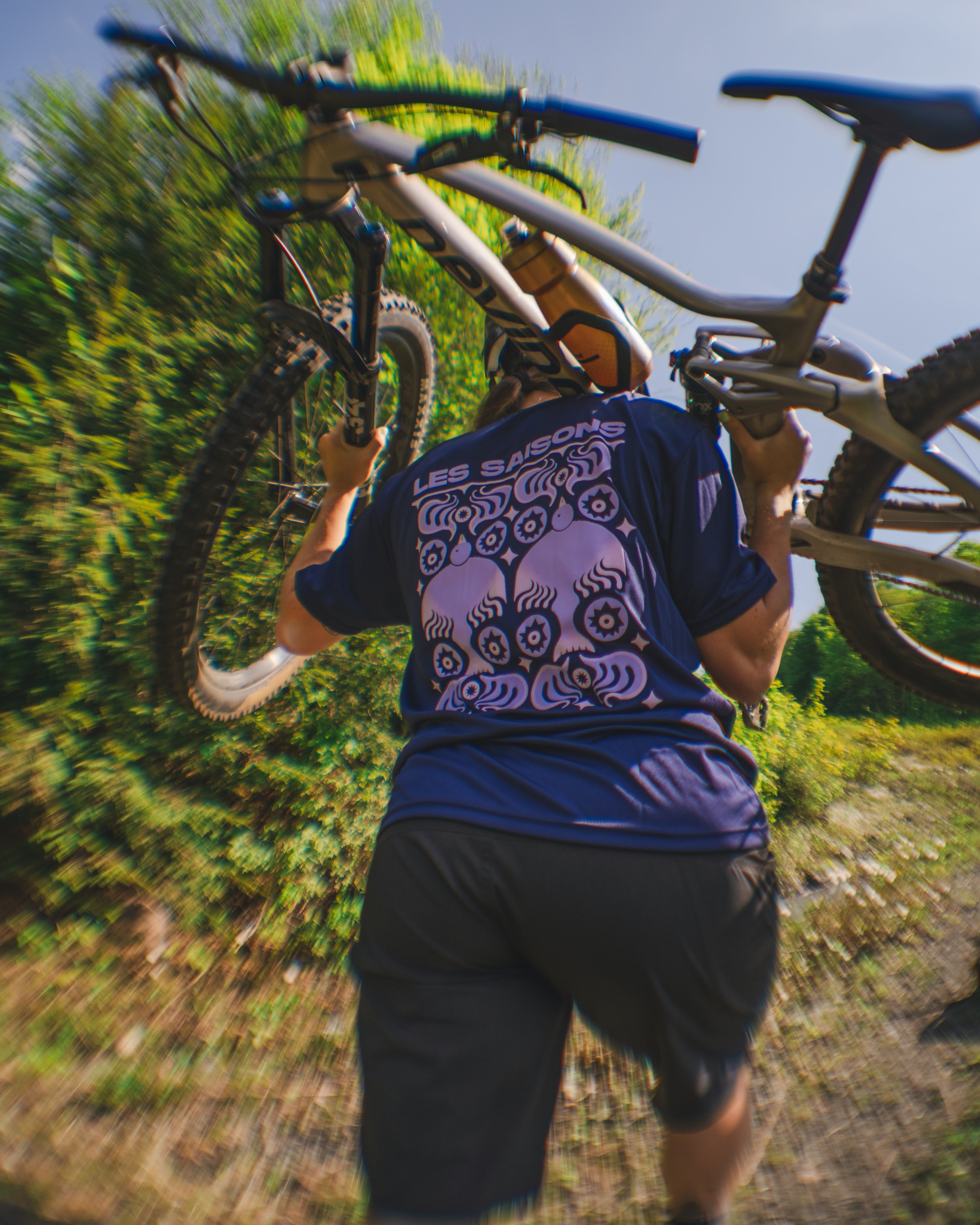 Bike shirt, mountain, hiking, dark blue, unique pattern, artist series, polyester, running, active, Montreal, print