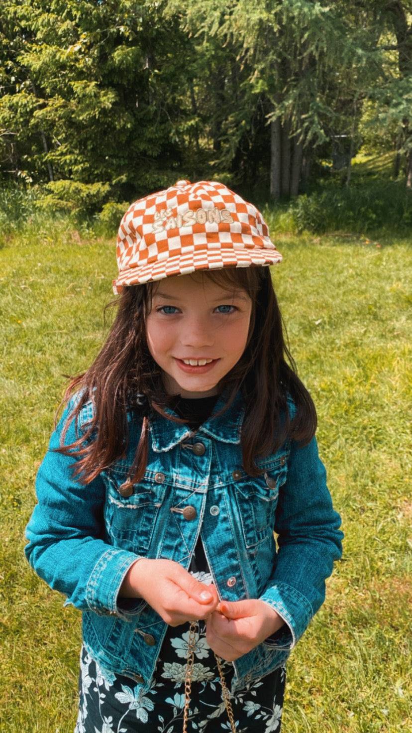 Kids' Checkers Retro Cap | 5 to 13 Years OldKids Cap, checkered pattern, retro look, vintage, Imported from the US, adjustable, Green, Black, Soft, Cotton, lifestyle, outdoor, active, orange