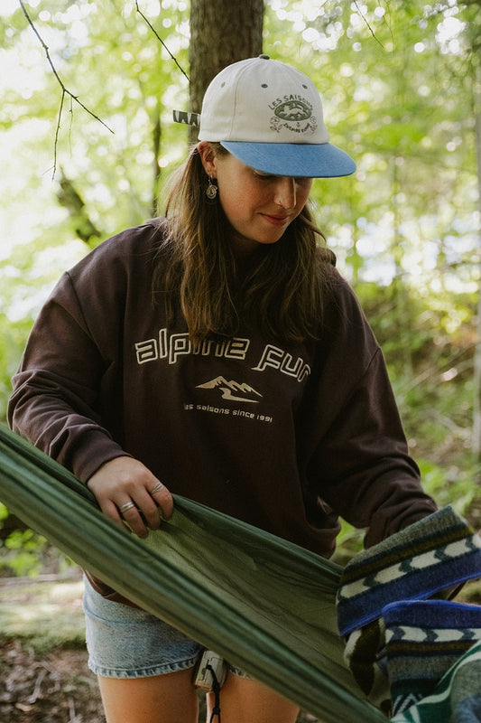 Alpine Fun, Warm, Brown and soft, Organic cotton and polyester, Unisex loose fit Sewn and embroidered in Quebec, perfect for All seasons, Skiing, Hiking, Winter Hoodie