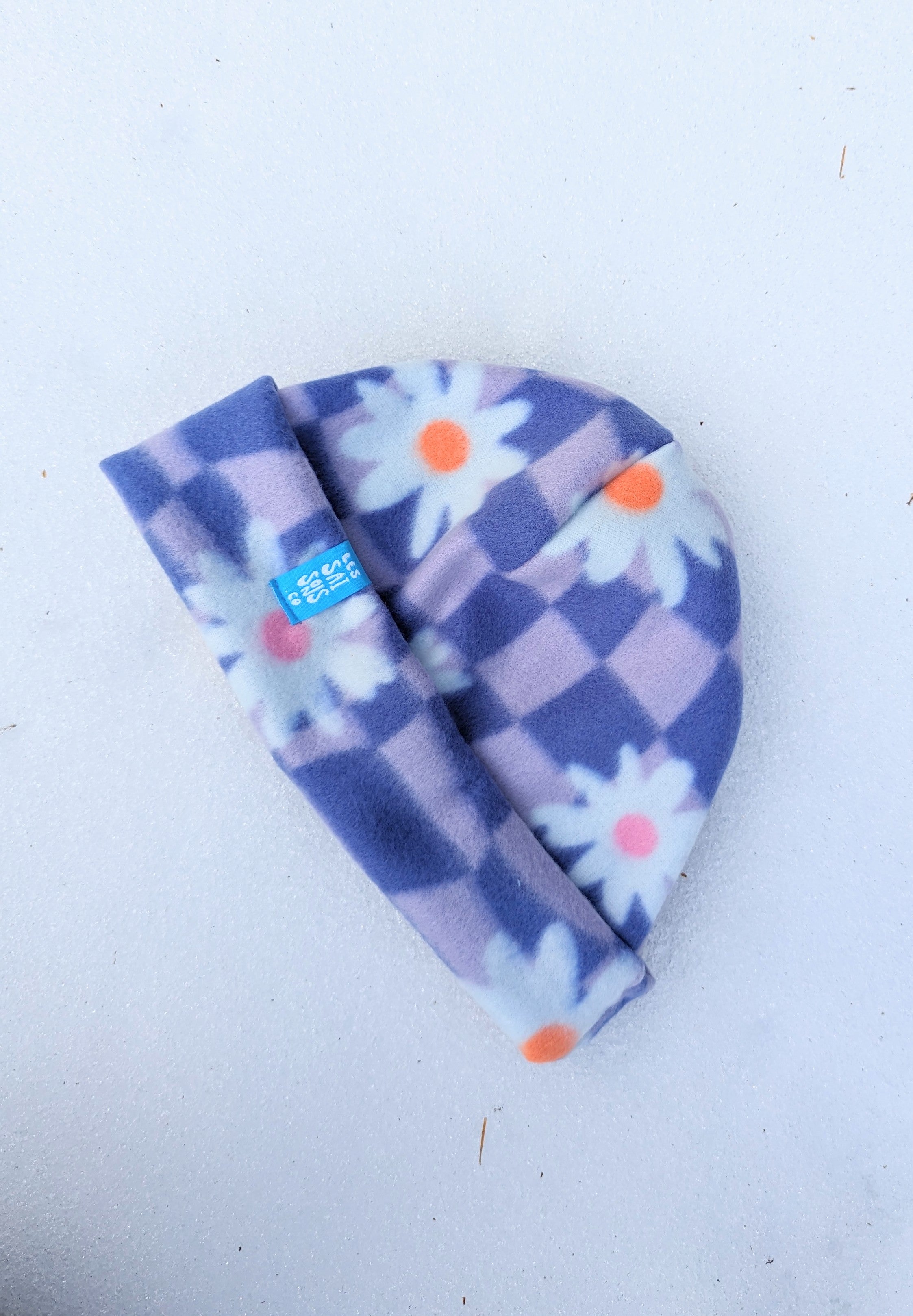 Simple Fleece Beanie, Purple Checkers with Flowers, Made in Quebec, Polyester, Warm, Soft, Reversible, Ski, Hike, Outdoor, Les Saisons