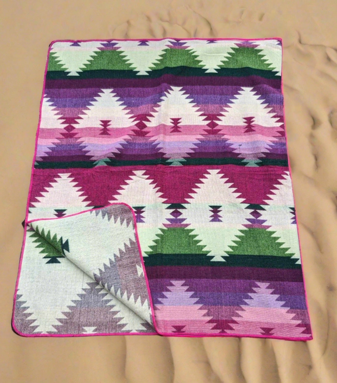 boho blanket colorful les Saisons. tones of pink, purple, green, dark green, white,, camping blanket, warm, soft, acrylic, made in Ecuador, Large, picnic, vanlife, unique designs, reversible