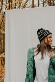 retro beanie fun look vintage black and white ski beanie with retro writing