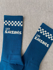 Les Saisons crew socks mid calf cotton comfortable and original. Blue and white with checkers with logo les Saisons. 